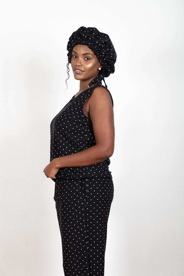 Soft and comfy Bamboo fabric, Black and White Polka Dots women's sleepwear/loungewear. Women's Pajama pants set with a Matching satin-lined bonnet.